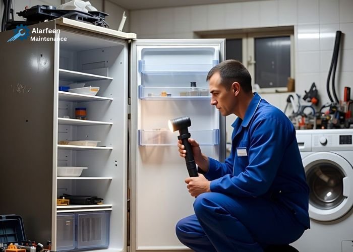 Refrigerator repair technician fixing cooling issue in Riyadh